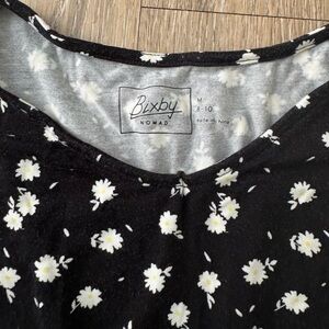 Black and White Floral Blouse with Rounded Collar